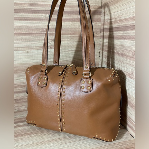 Michael Kors Uptown Satchel Tote Bag Brown Studded like new - Picture 2 of 15